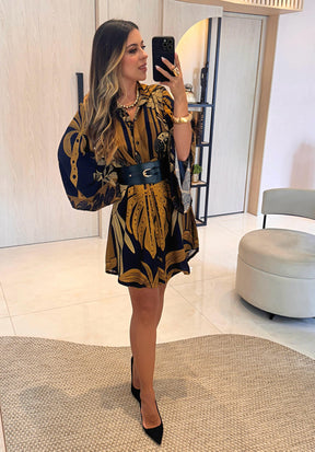 Vestido Curto Folhagem Mostarda ARTE- Estampado 5655