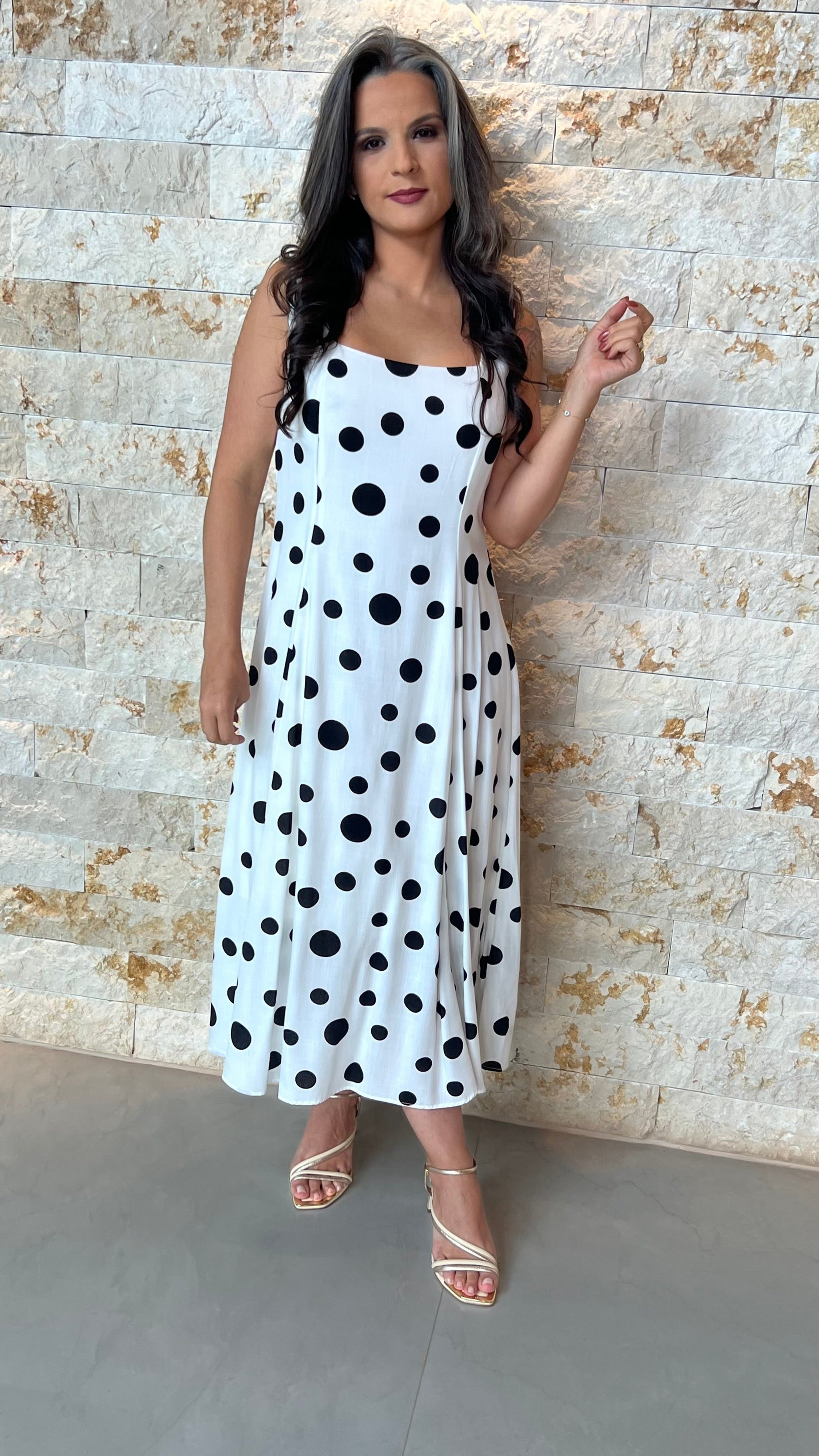 Vestido Midi Poa Decote ARA- Branco 5859