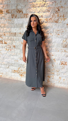 Vestido Midi Utilitário Cinto Bolso PIS -Cinza 5594