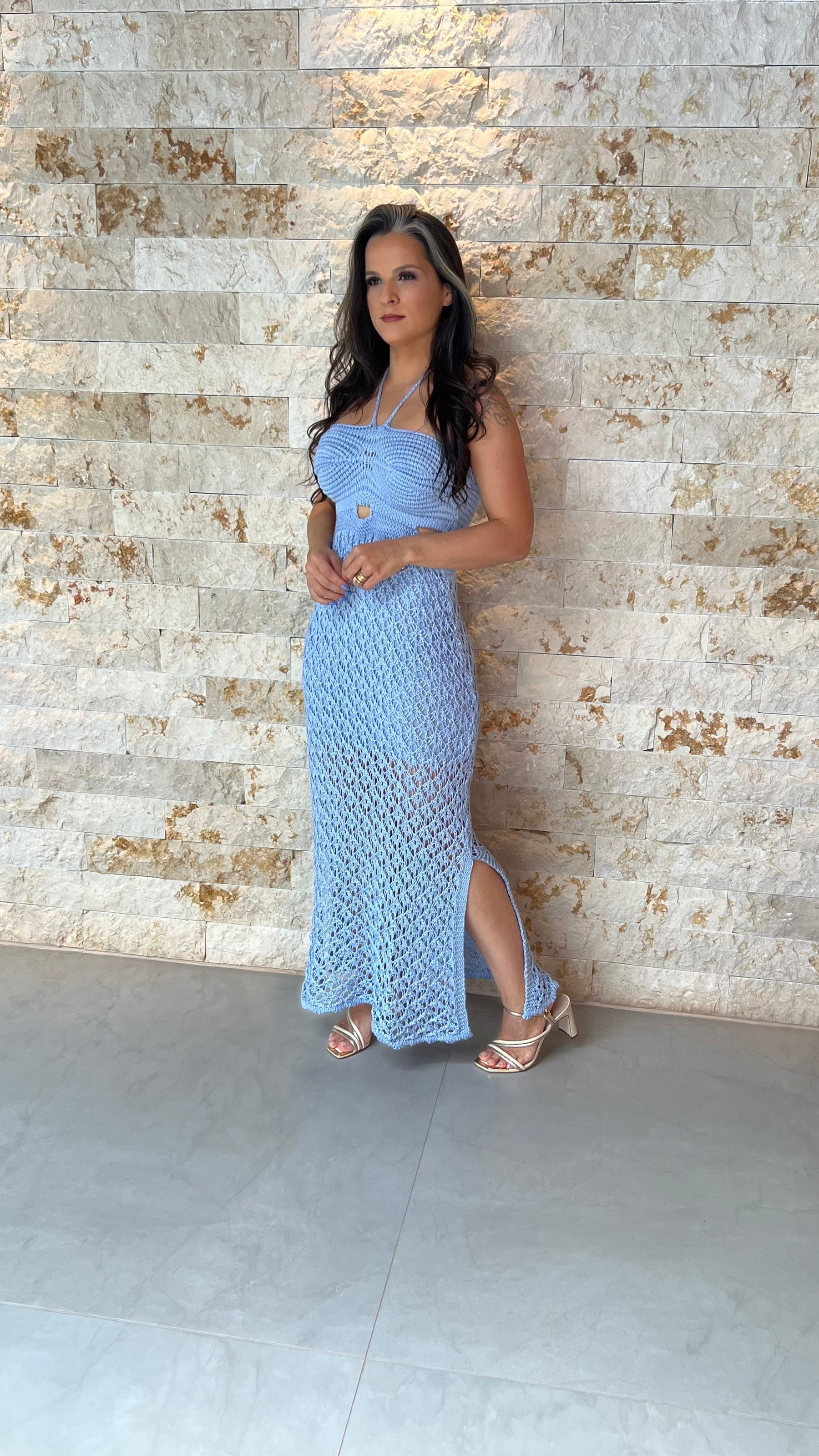 Vestido Midi Tricô Busto POLI- Azul 5898