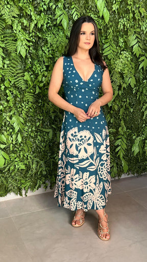 Vestido Midi Regata Recorte Poá PIS - Liso Verde Estampado 5279