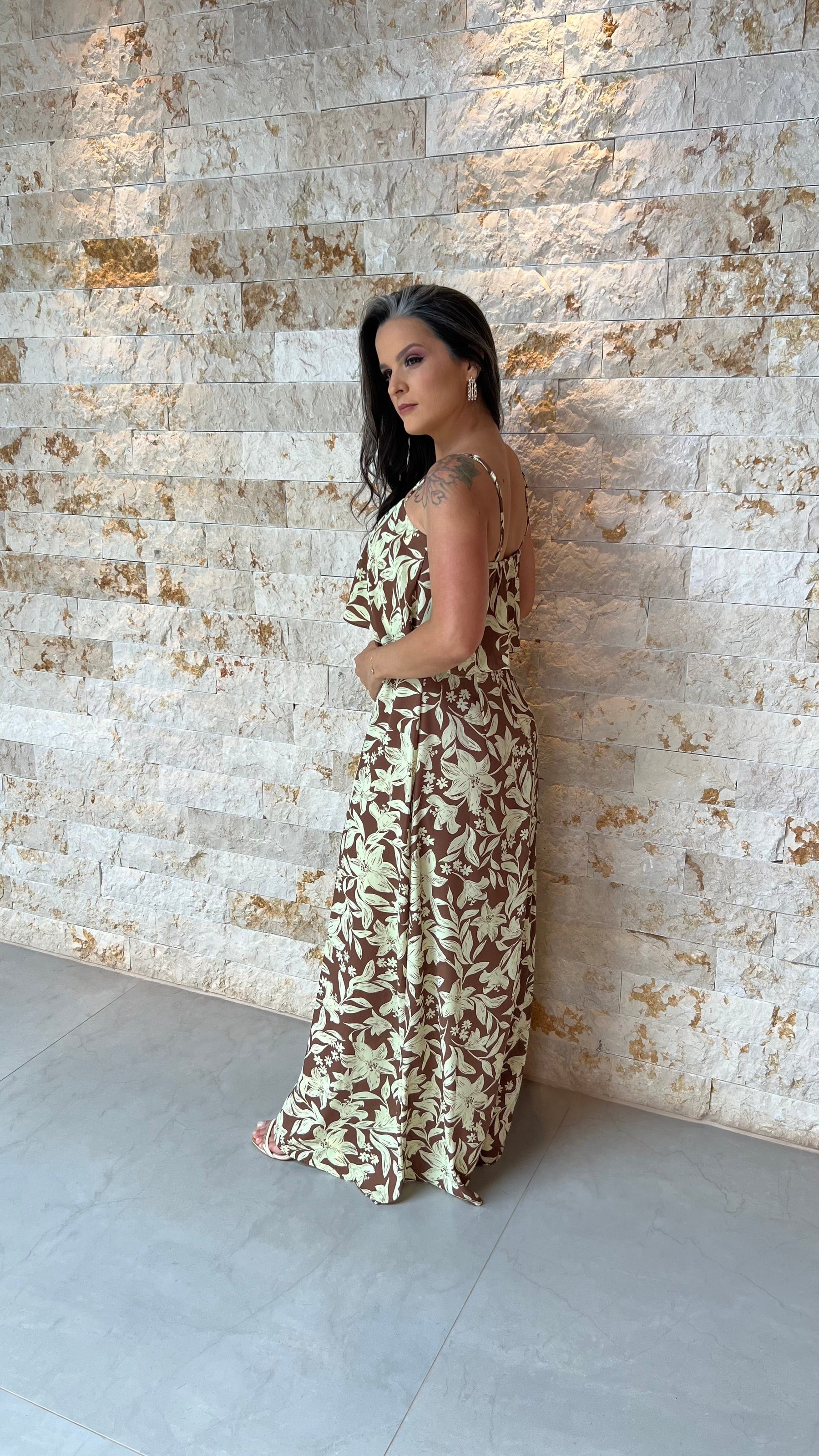 Vestido Longo Alcinha Babado Busto ALO- Marrom 5927