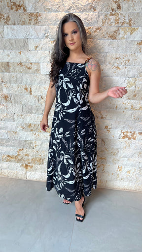 Vestido Midi Alça Fivela ALO- Estampado Preto 5928
