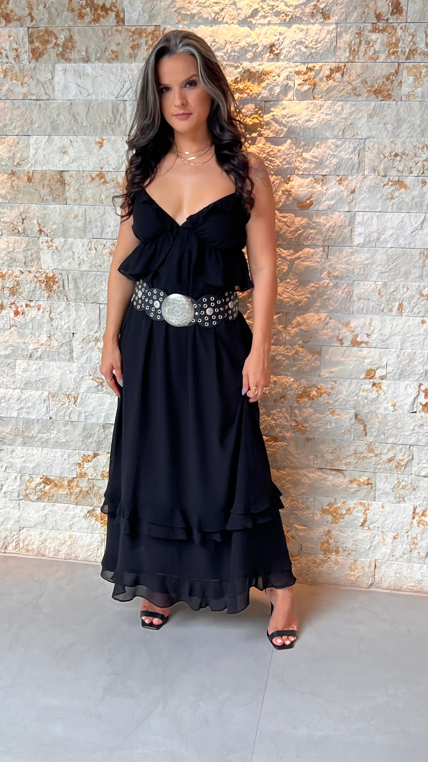 Vestido Longo Chiffon Babados TRIN- Preto 5717