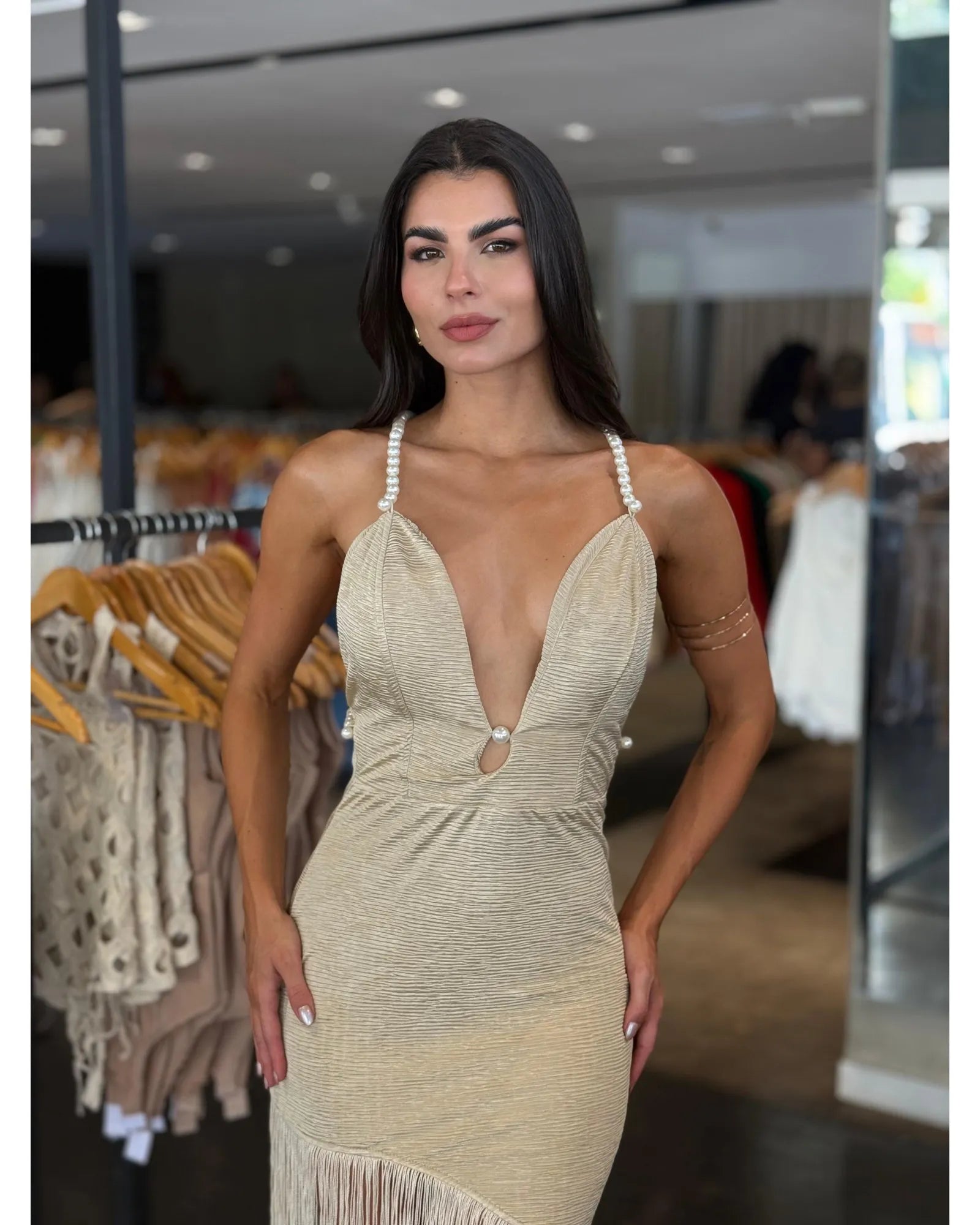 Vestido Franjas Com Pérola