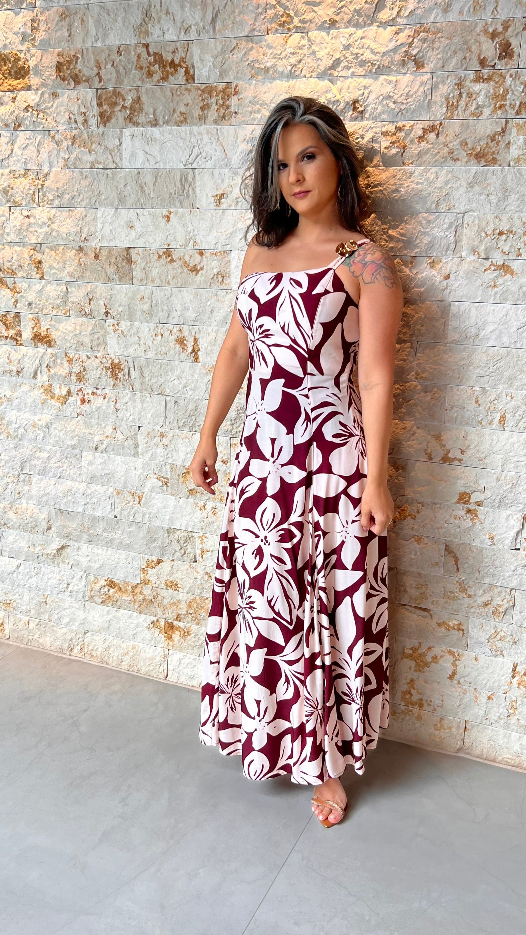 Vestido Midi Manga Nula Broche PIS- Estampado 6035