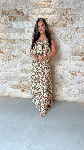 Vestido Longo Alcinha Babado Busto ALO- Marrom 5927