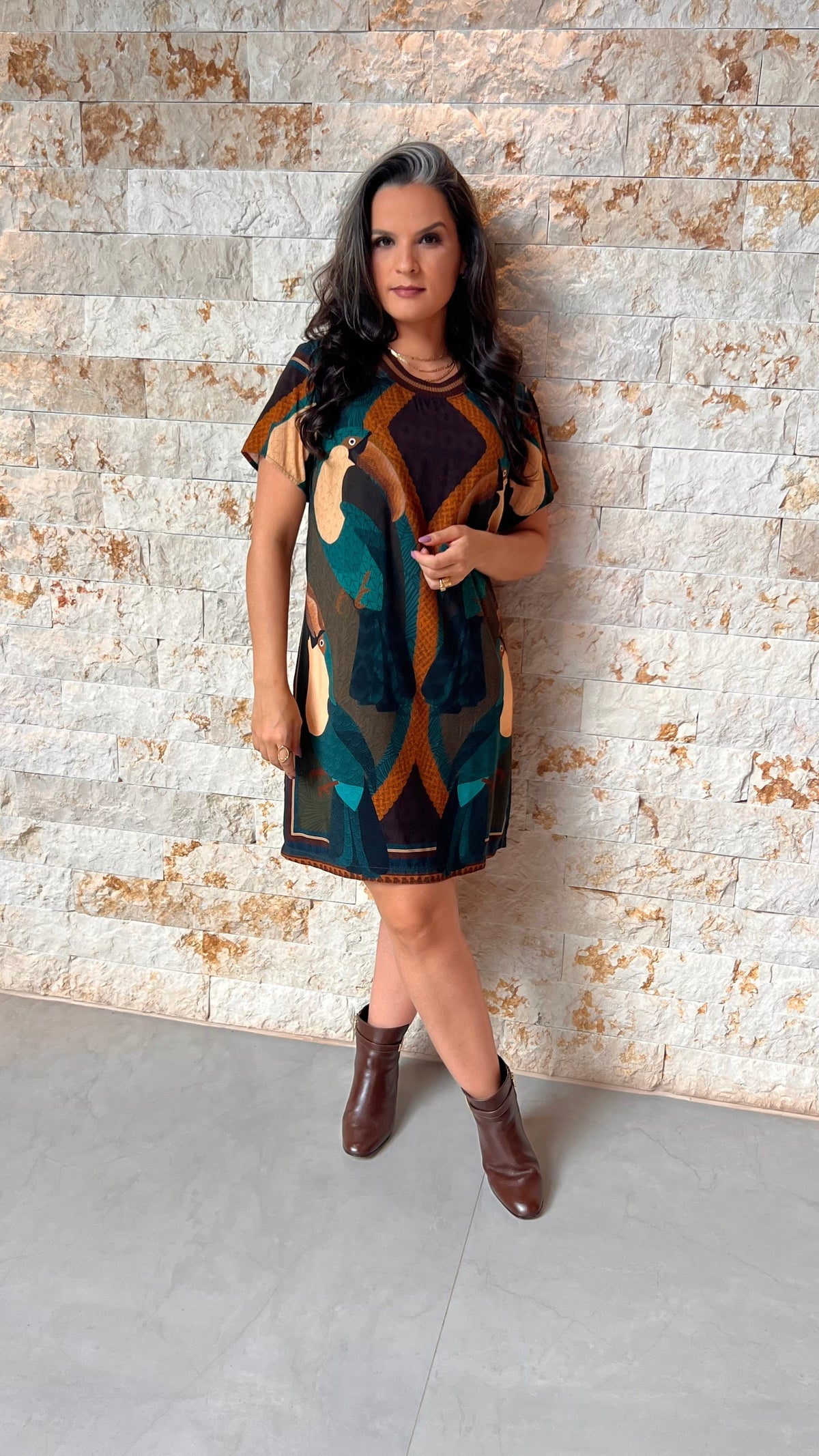 Vestido Curto Gola Tricô Pássaro ARTE- Estampado 5726