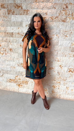 Vestido Curto Gola Tricô Pássaro ARTE- Estampado 5726