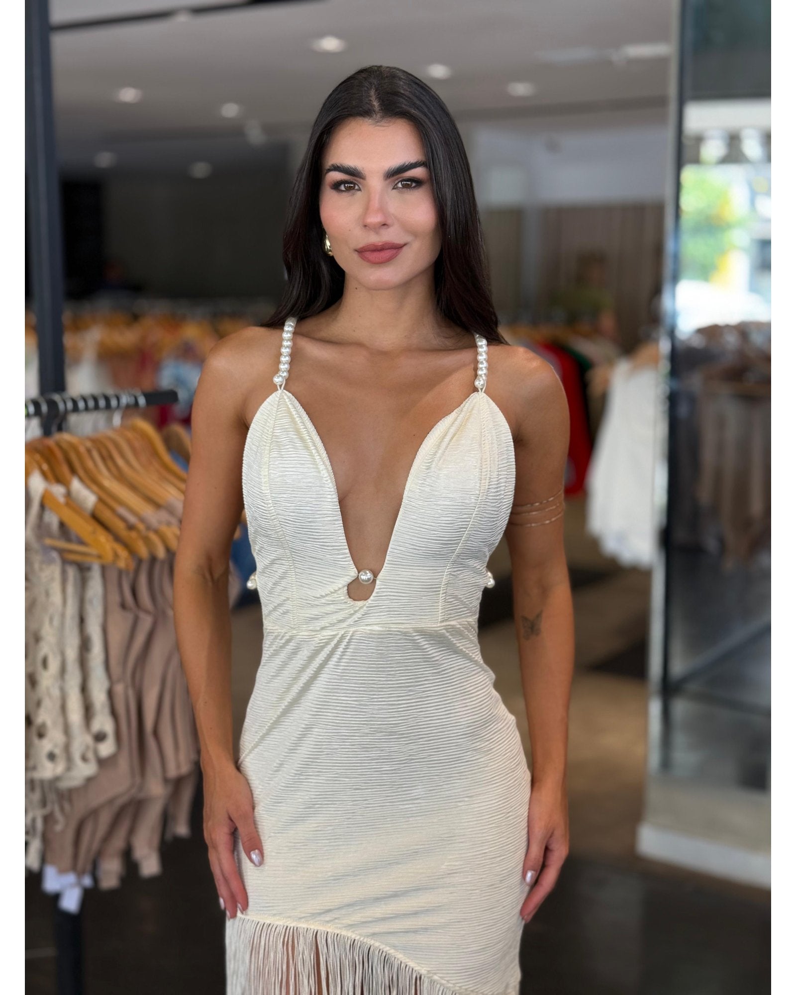 Vestido Franjas Com Pérola