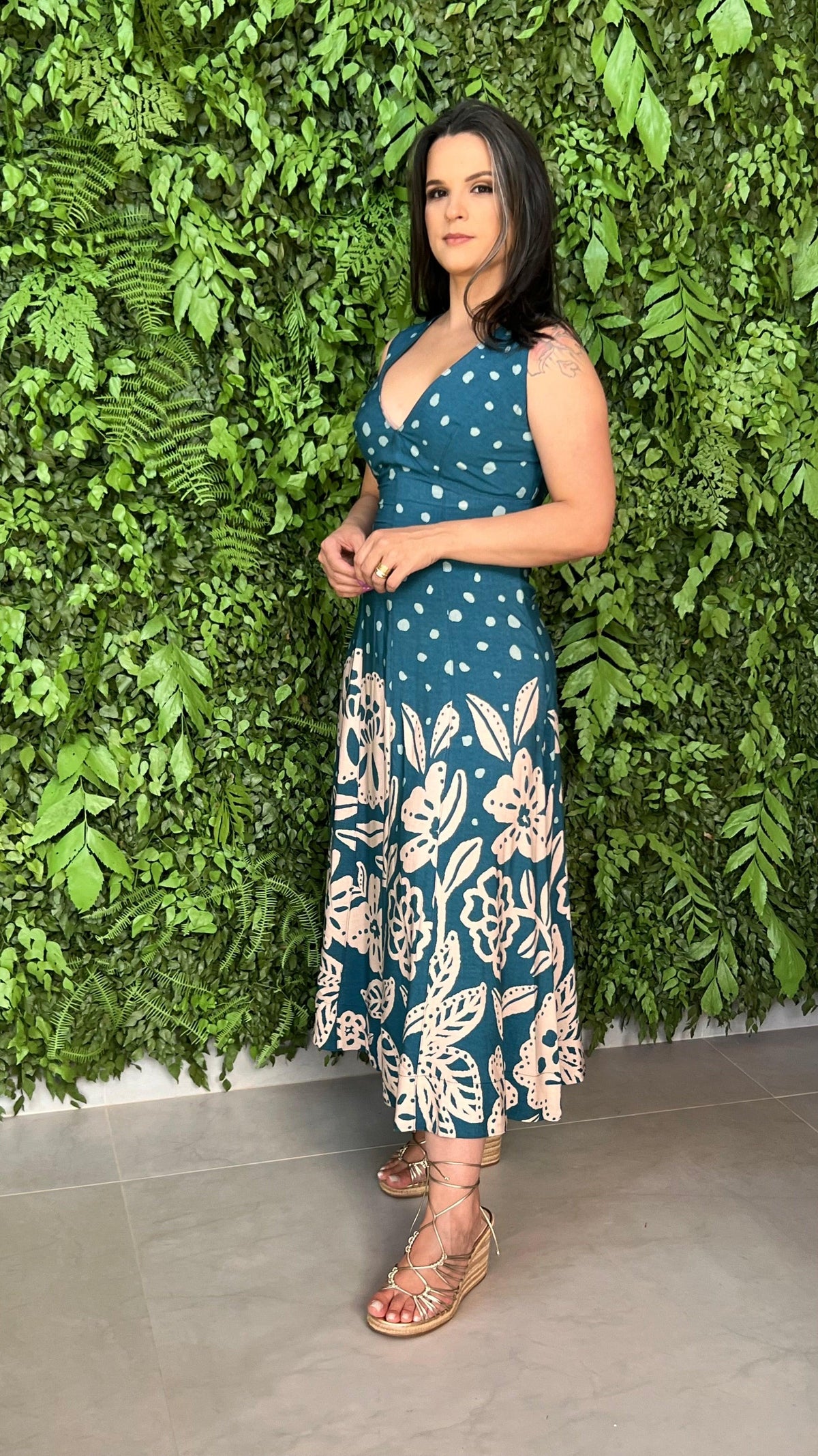 Vestido Midi Regata Recorte Poá PIS - Liso Verde Estampado 5279