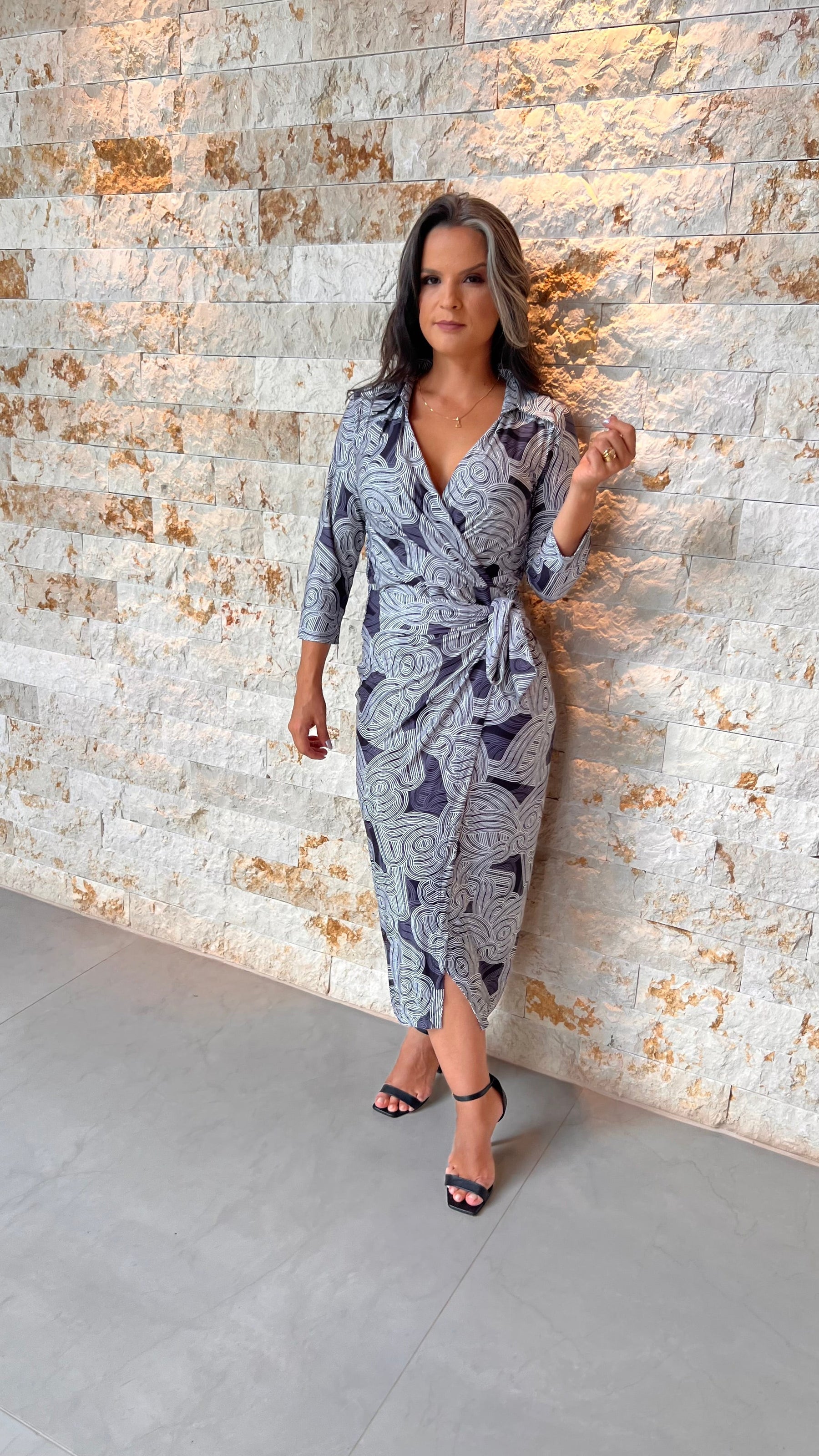 Vestido Midi Manga Trans Gola Jersey-  Azul Estampado 5577