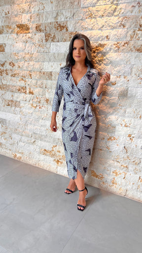 Vestido Midi Manga Trans Gola Jersey-  Azul Estampado 5577