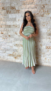 Vestido Midi Tricô Plissado Diag Poli- Verde 5947