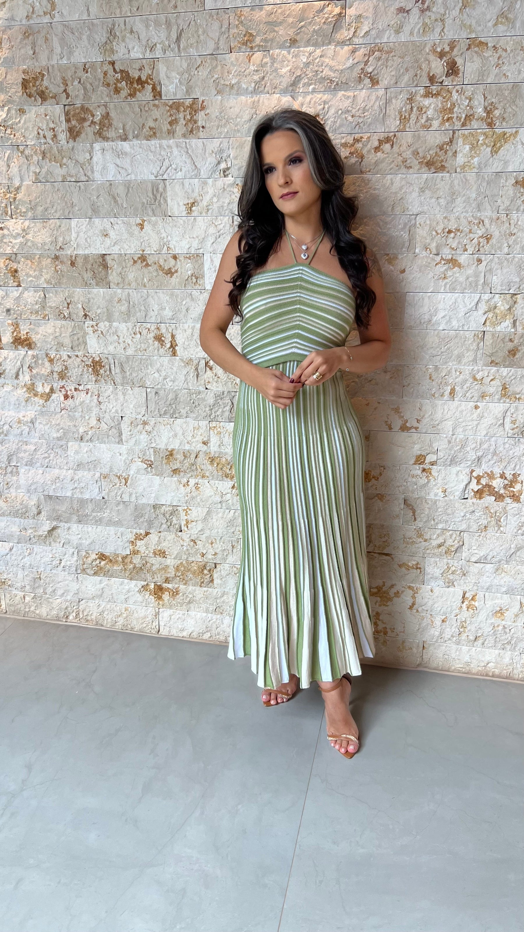 Vestido Midi Tricô Plissado Diag Poli- Verde 5947