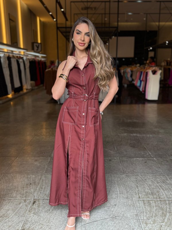 Vestido Longo Botões Fenda
