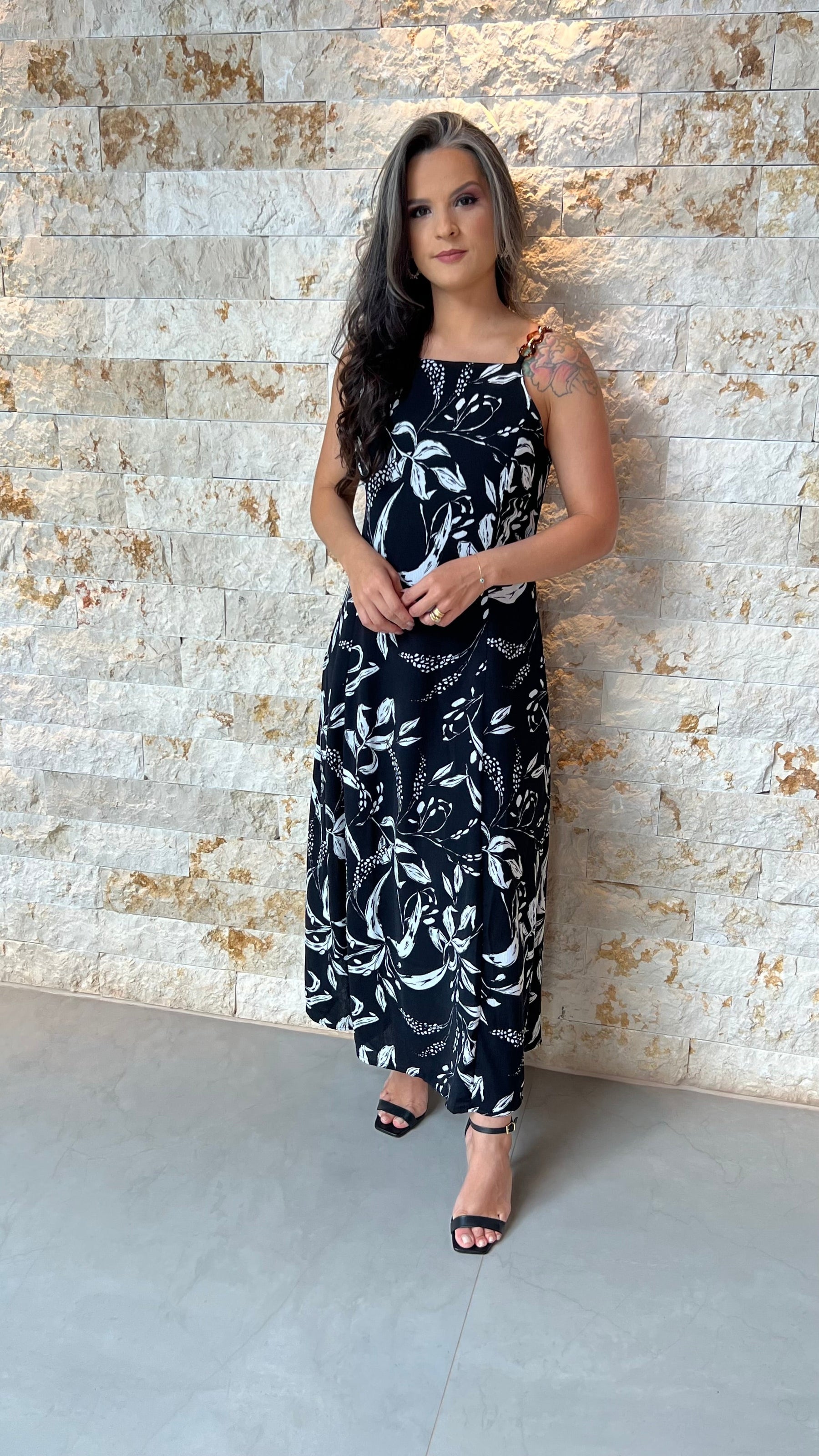 Vestido Midi Alça Fivela ALO- Estampado Preto 5928