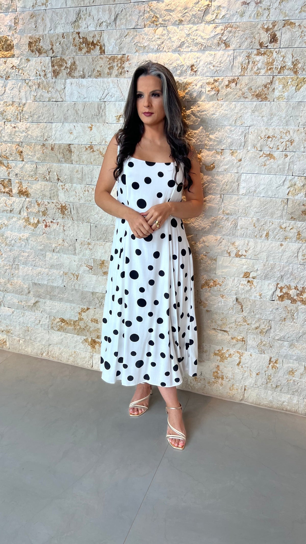 Vestido Midi Poa Decote ARA- Branco 5859