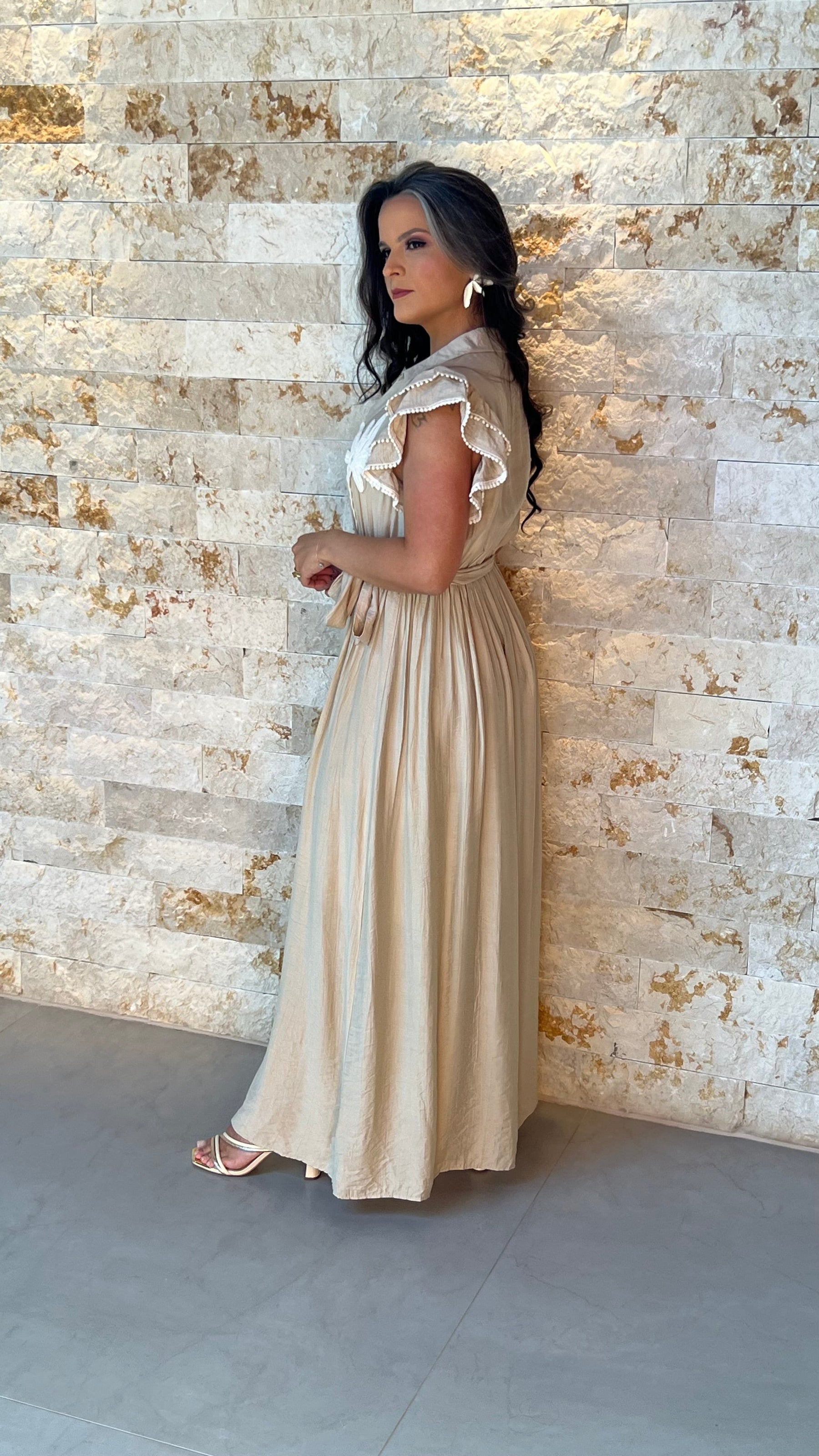 Vestido Longo Manga Babado Coqueiro EAG- Nude 5910