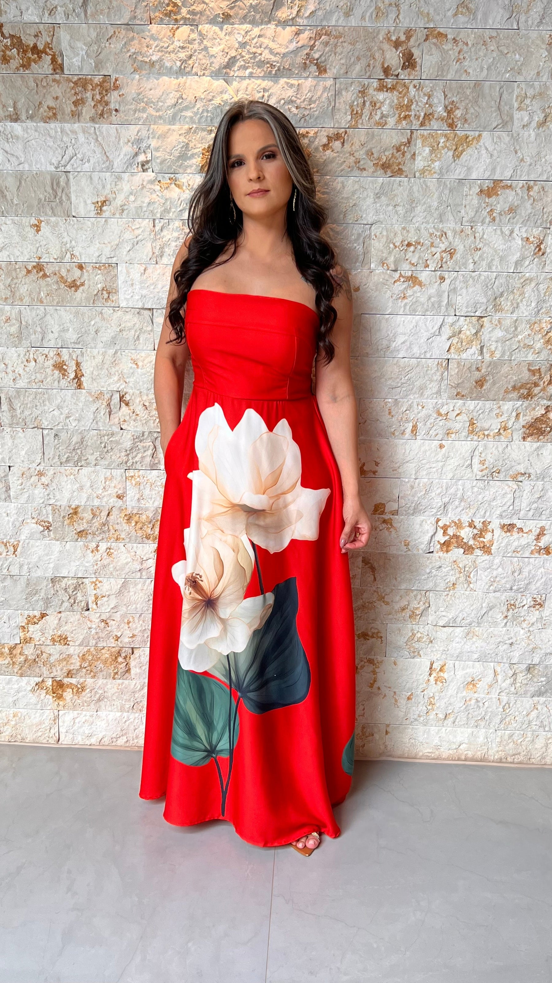 Vestido Longo Tomara Que Caia Flor POLI- Vermelho 6045