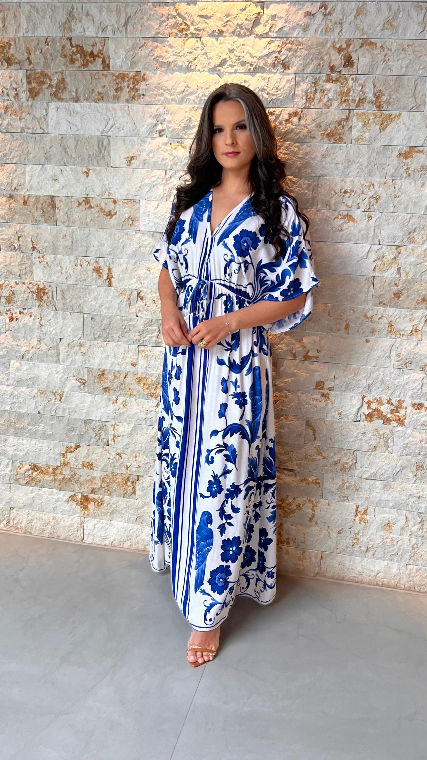 Vestido Longo Manga Solta POLI- Estampado Azul 5978