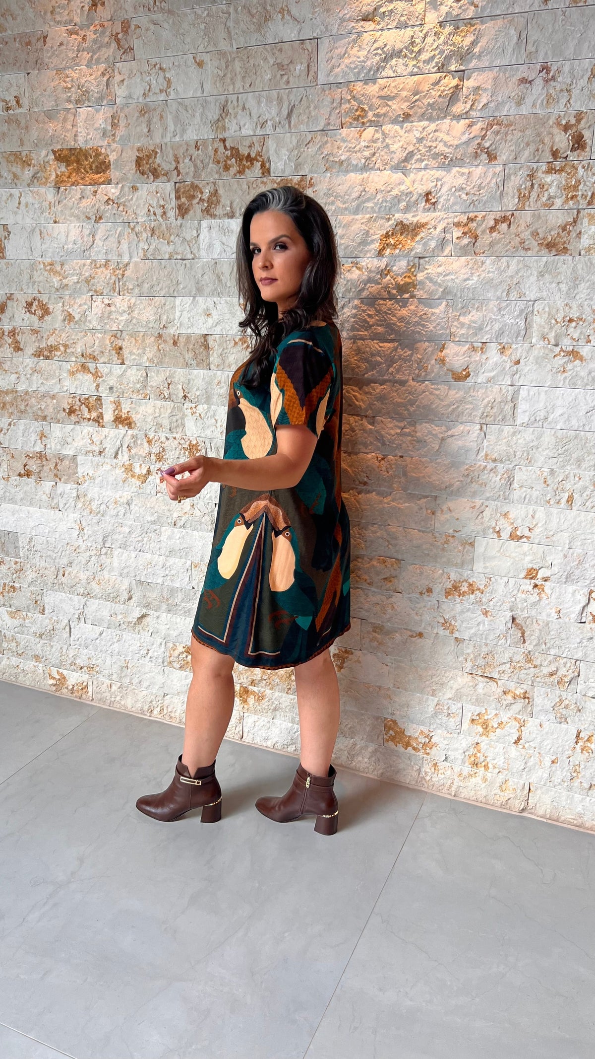 Vestido Curto Gola Tricô Pássaro ARTE- Estampado 5726