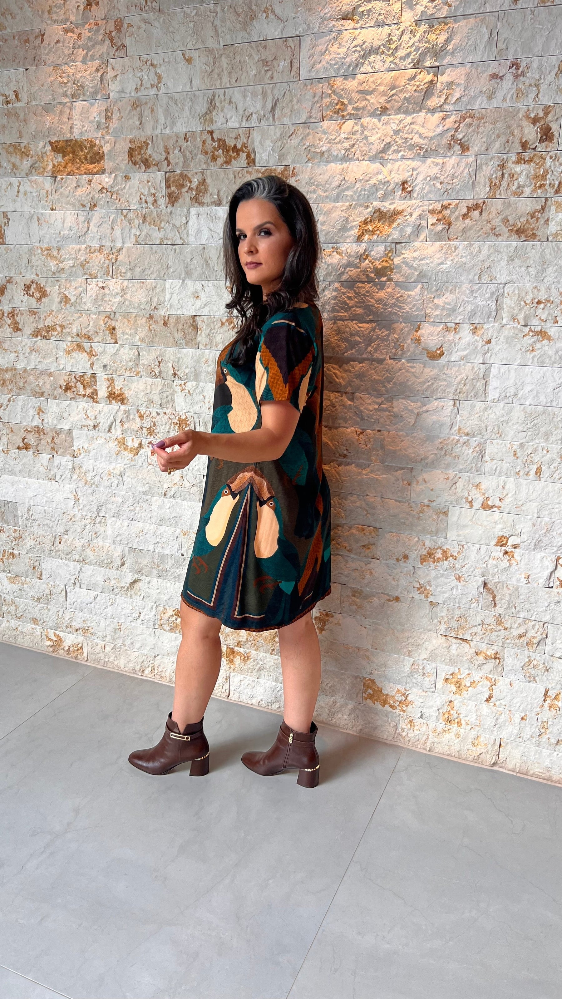 Vestido Curto Gola Tricô Pássaro ARTE- Estampado 5726