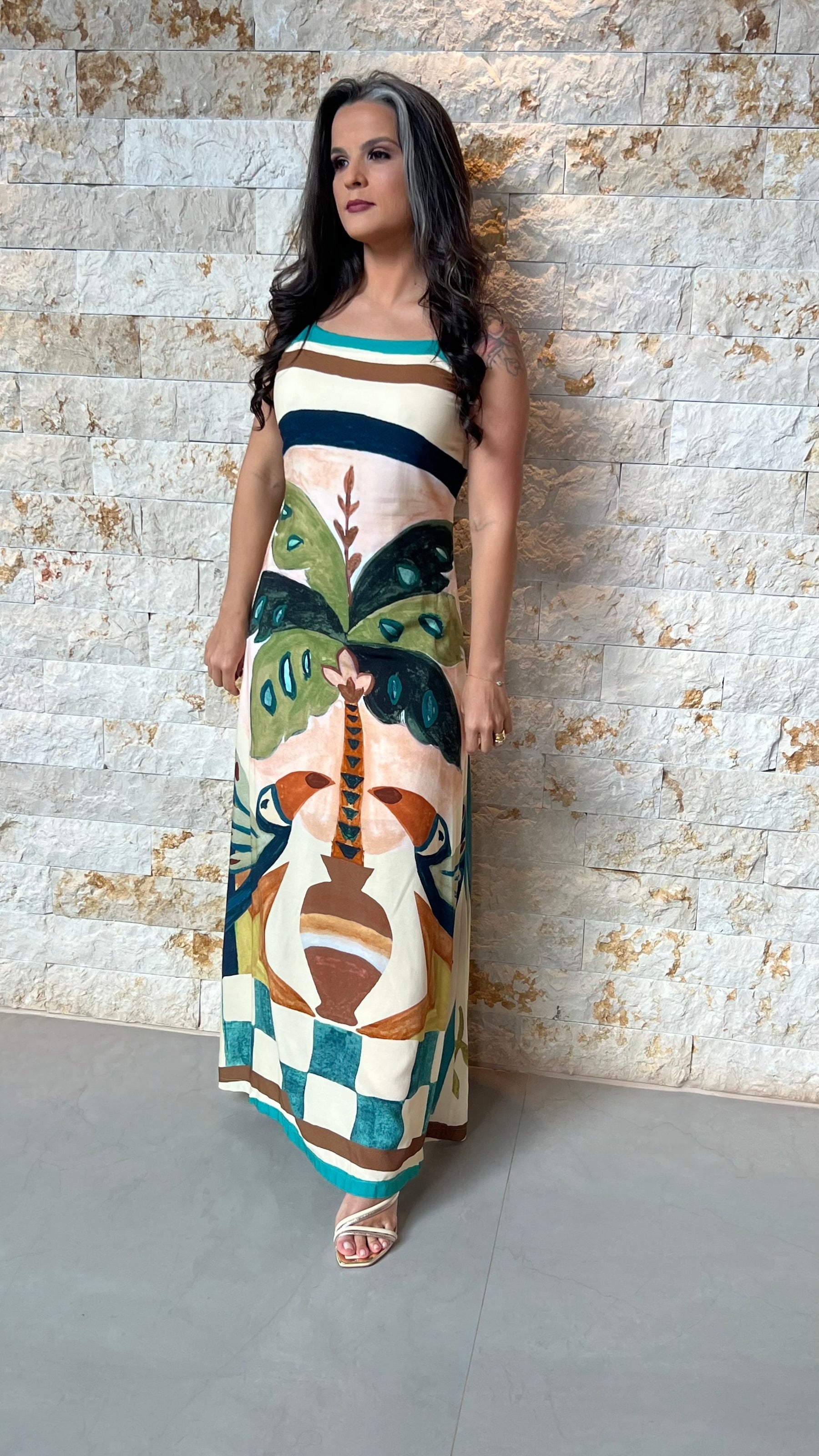 Vestido Longo Alça Det Argola ARTE- Estampado 5867