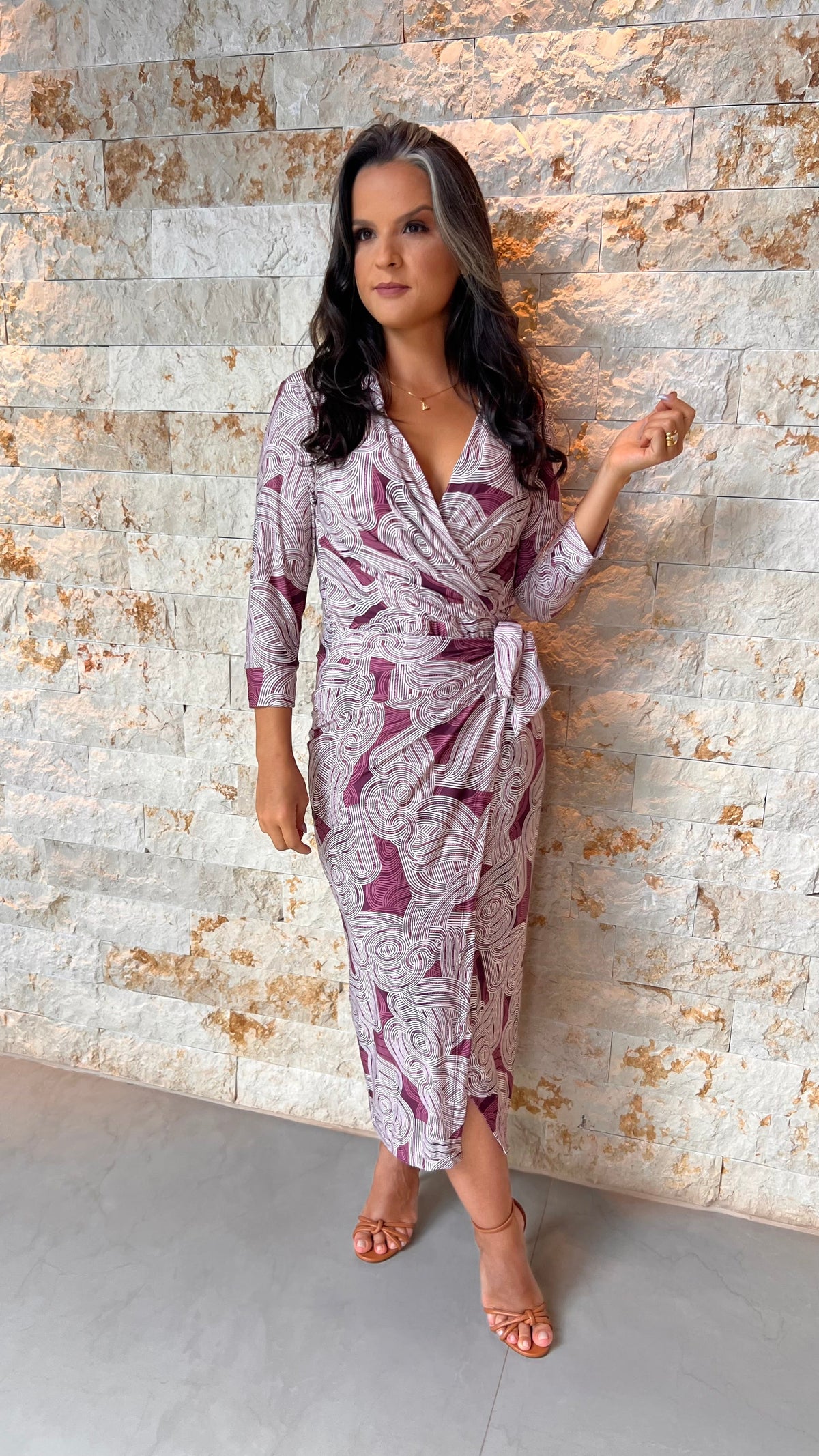 Vestido Midi Manga Trans Gola Jersey-  Bordô Estampado 5577