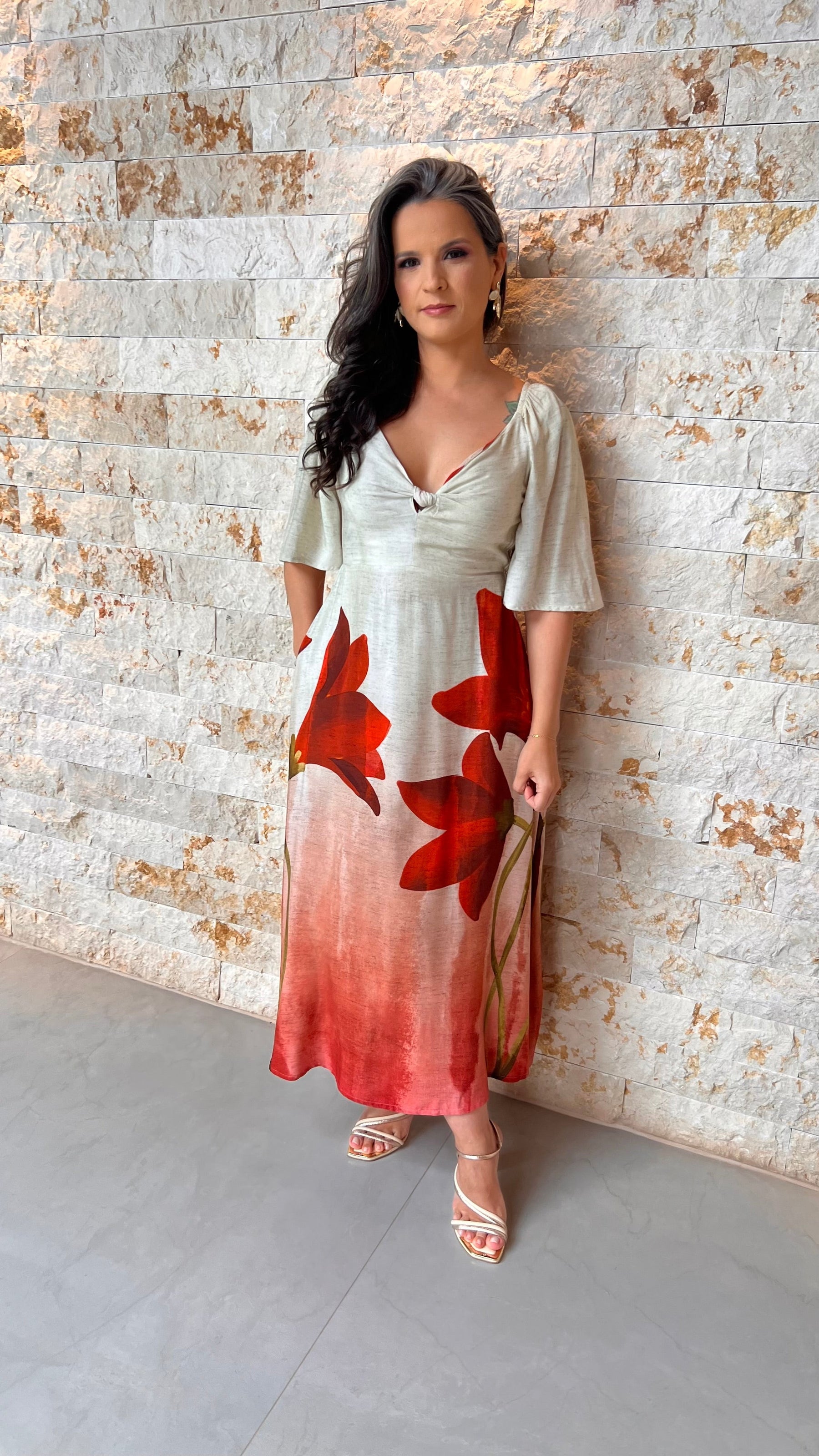 Vestido Midi Flor Laranja RIO- Estampado 5959