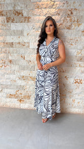 Vestido Midi Cinto Folhagem Azul PIS- Estampado 6002