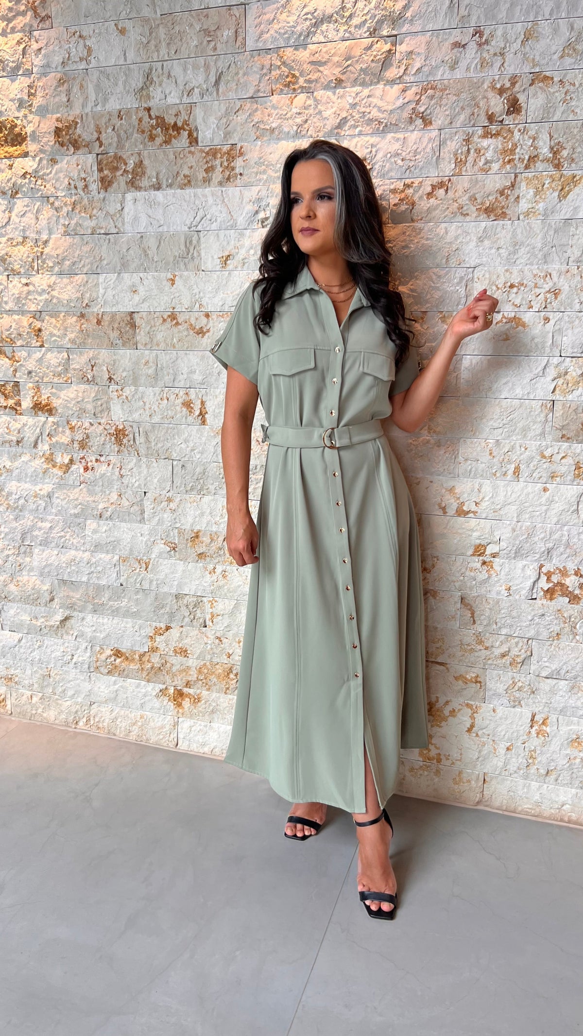 Vestido Midi Utilitário Cinto Bolso PIS- Verde 5594