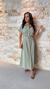 Vestido Midi Utilitário Cinto Bolso PIS- Verde 5594