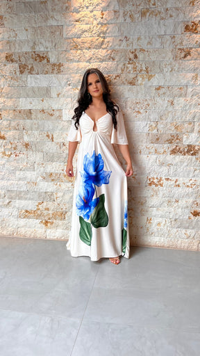 Vestido Longo Manga Buf Dec U POLI- Estampado 6058