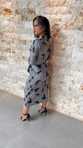 Vestido Midi Manga Trans Gola Jersey-  Azul Estampado 5577