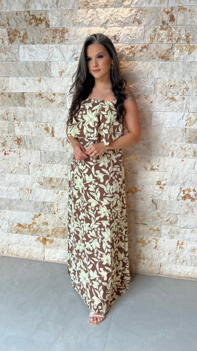 Vestido Longo Alcinha Babado Busto ALO- Marrom 5927