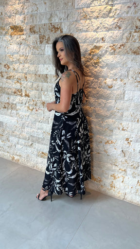 Vestido Midi Alça Fivela ALO- Estampado Preto 5928