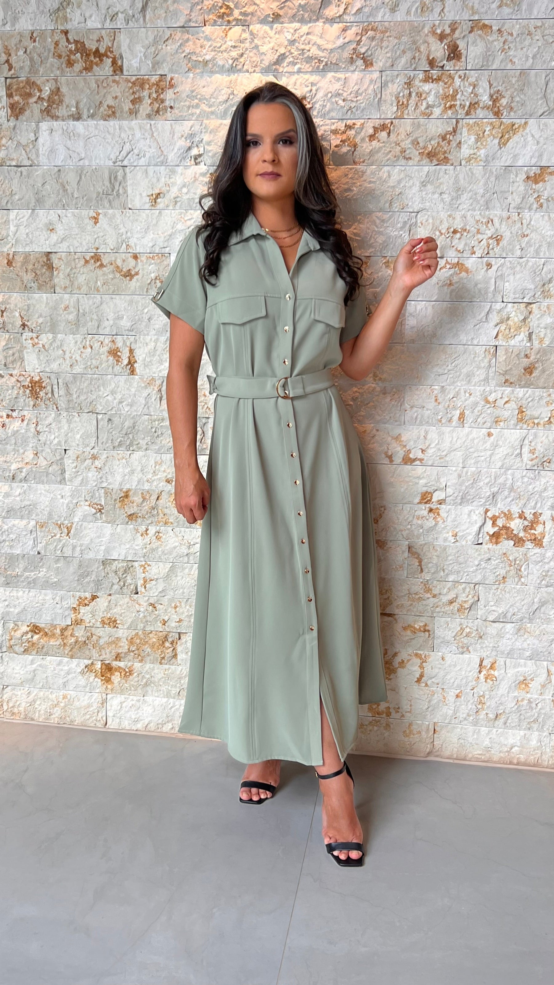 Vestido Midi Utilitário Cinto Bolso PIS- Verde 5594