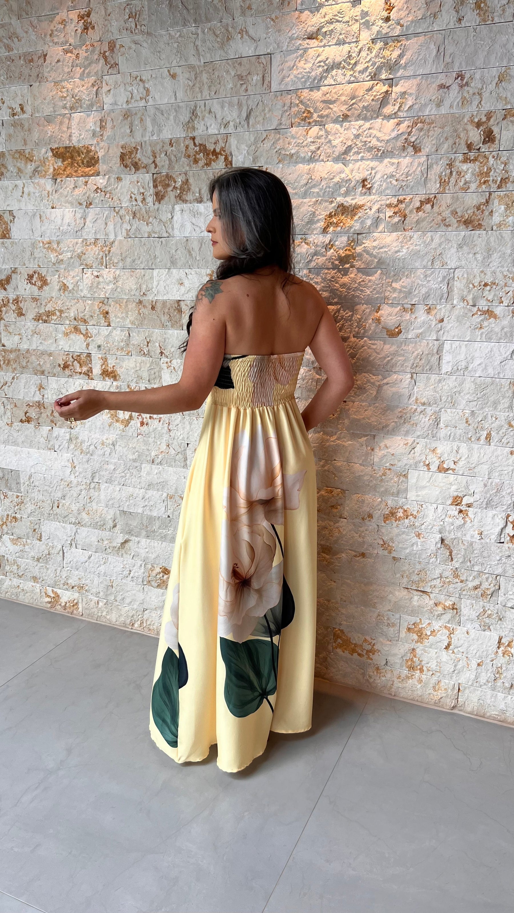 Vestido Longo Tomara Que Caia Flor POLI- Amarelo 6045