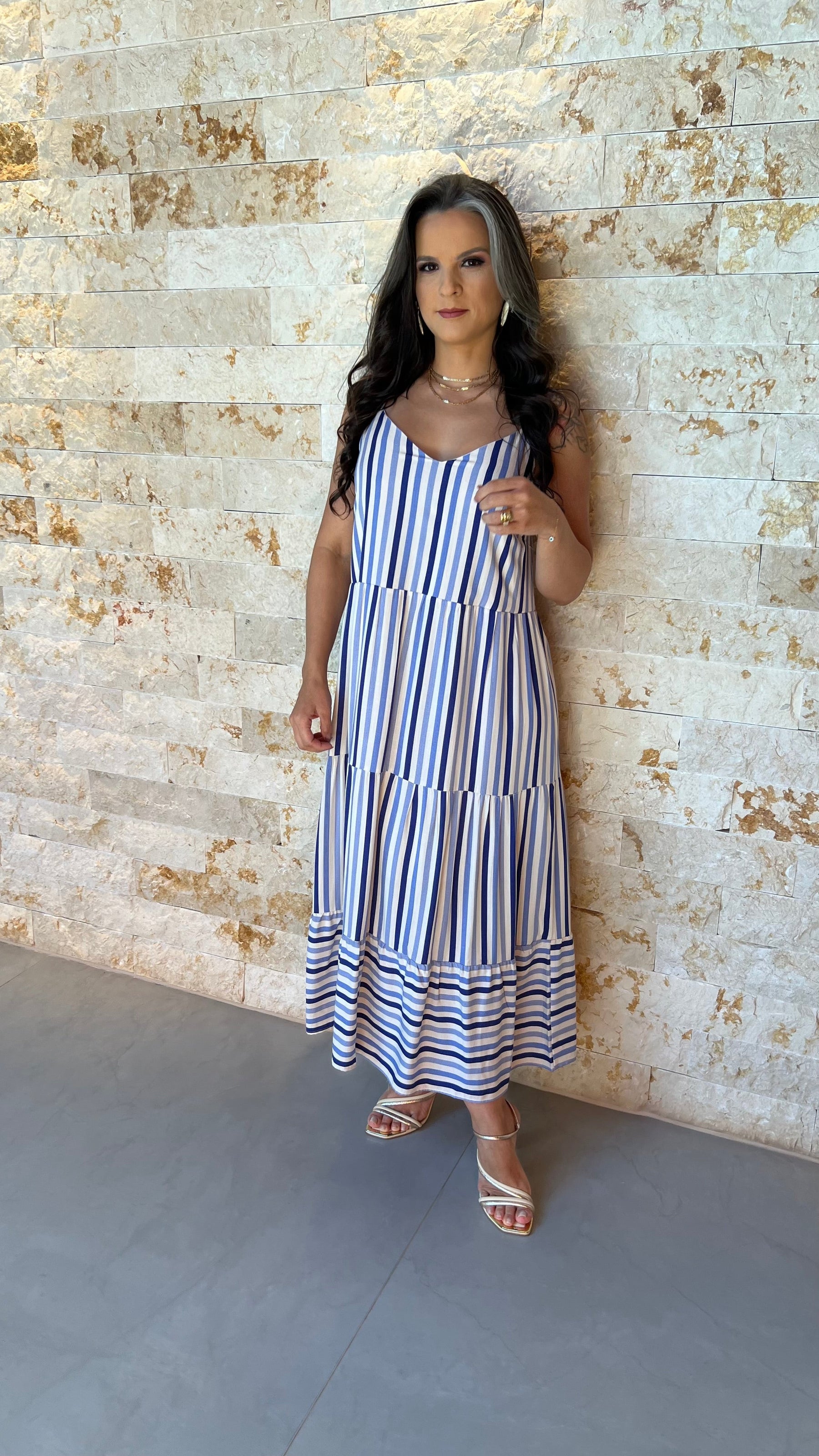 Vestido Midi Viscolinho ARA- Listrado Azul 5915