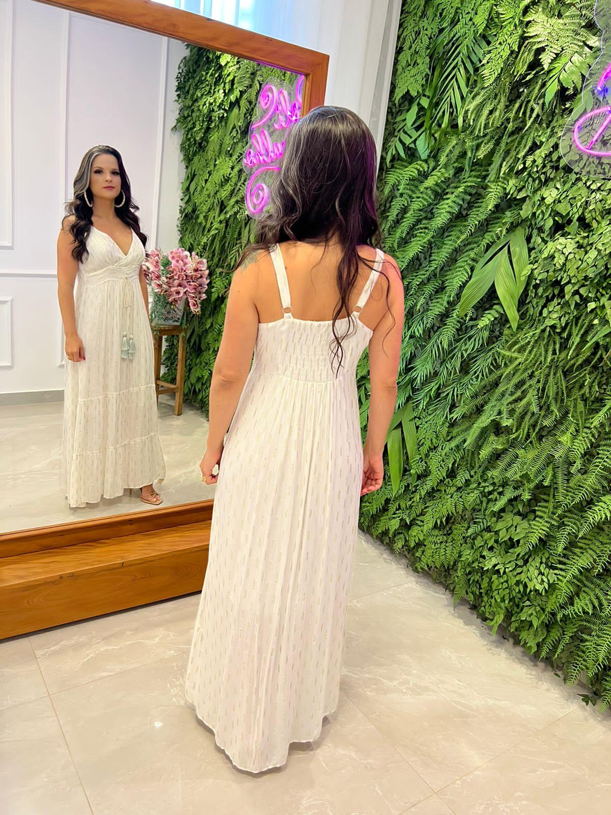 Vestido Longo Desirre Decote V PomPom - Branco/Off 4295