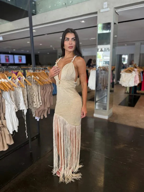 Vestido Franjas Com Pérola