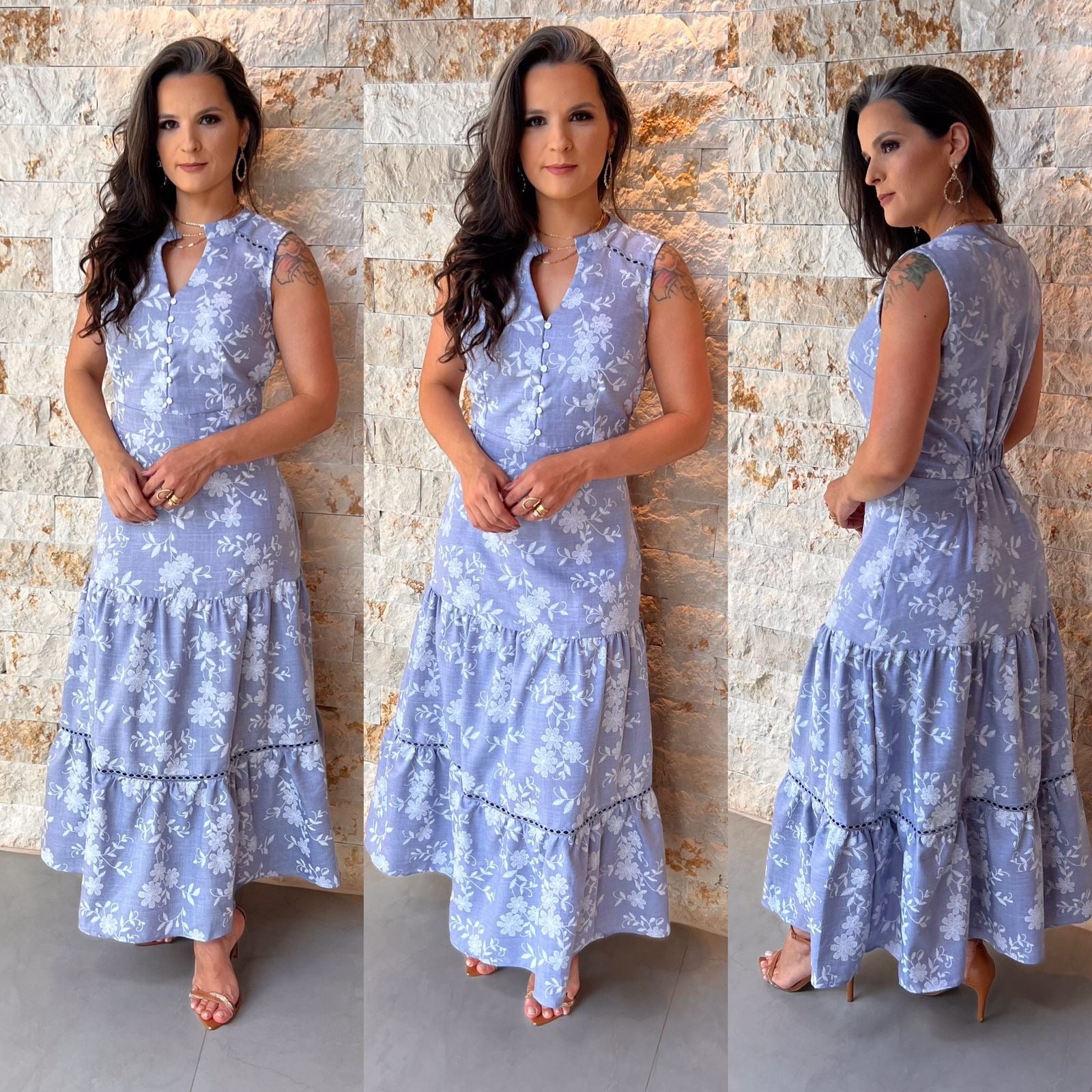 Vestido Midi Três Marias Bordado PIS- Azul 6025