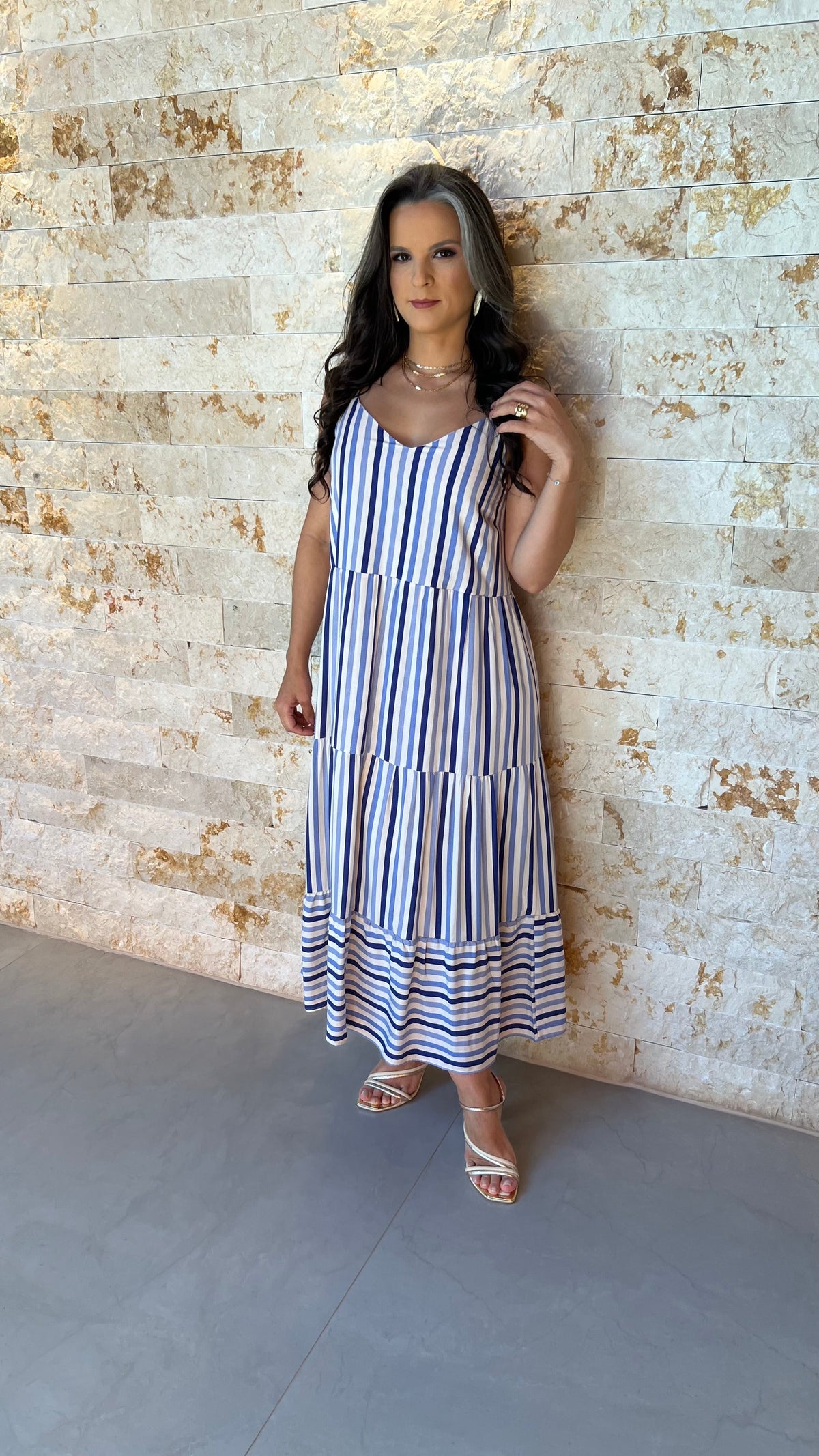 Vestido Midi Viscolinho ARA- Listrado Azul 5915