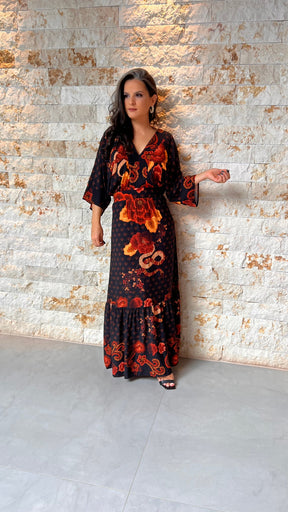 Vestido Longo Fundo Preto ARTE- Estampado 5747