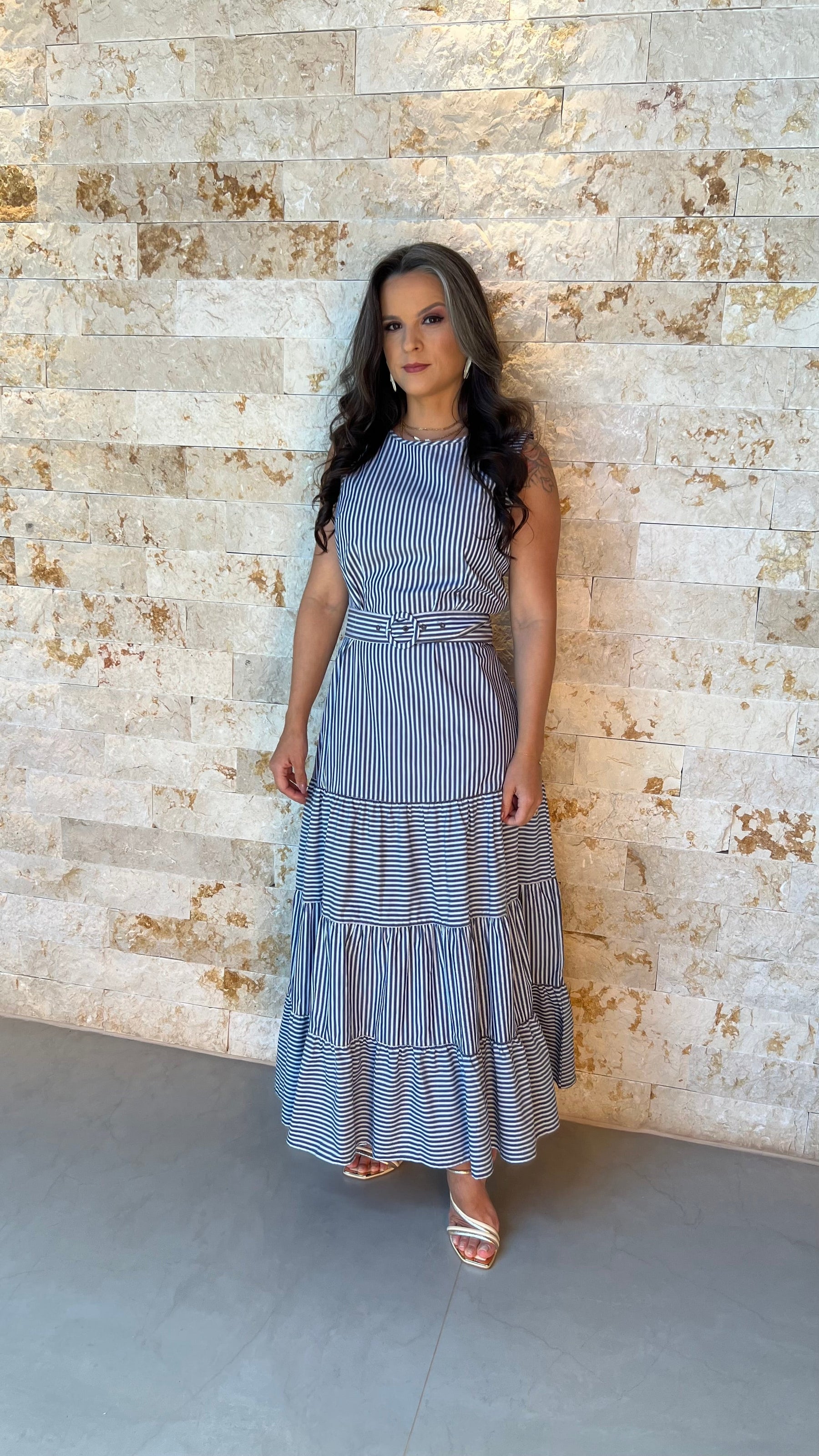 Vestido Midi Cinto Risca de Giz PIS- Estampado 5901