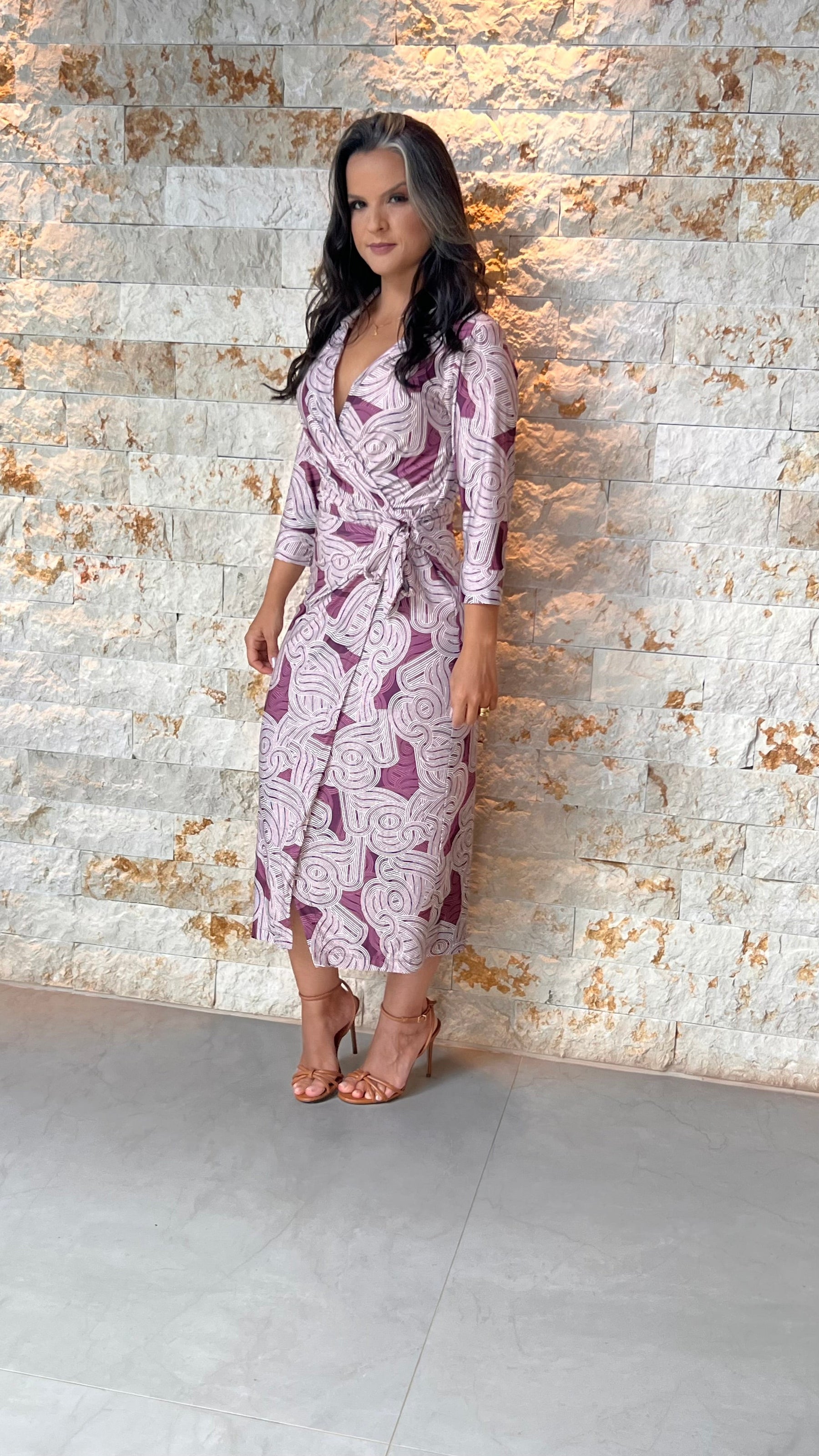 Vestido Midi Manga Trans Gola Jersey-  Bordô Estampado 5577