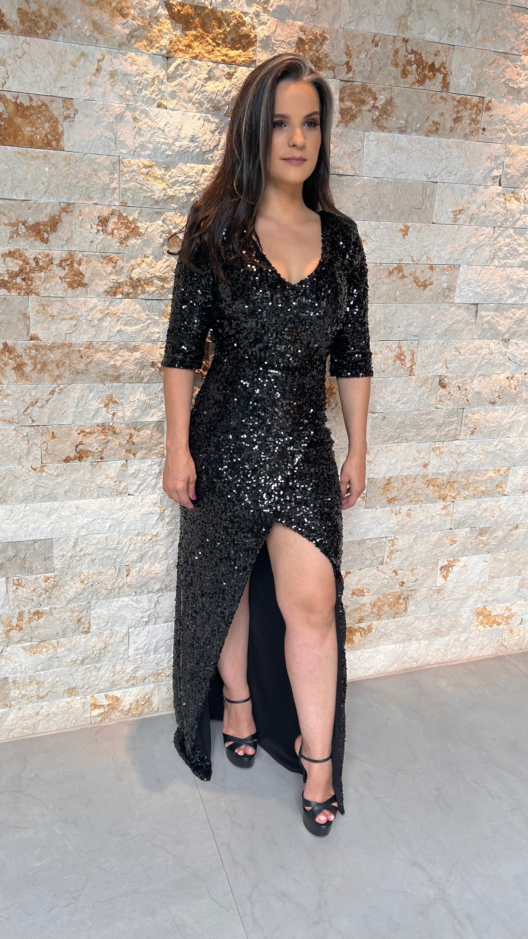 Vestido Longo Paete Fenda - Liso Preto 4333