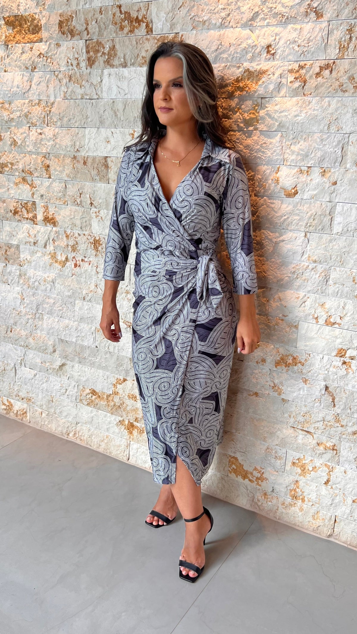 Vestido Midi Manga Trans Gola Jersey-  Azul Estampado 5577