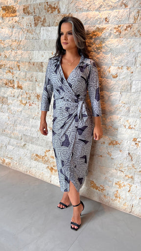 Vestido Midi Manga Trans Gola Jersey-  Azul Estampado 5577